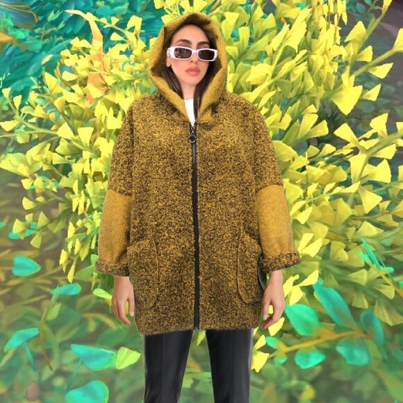 FOX'S Wool Blend Mustard-Yellow Boucle Hooded Oversized Jacket Made in Italy NEW - Picture 1 of 4